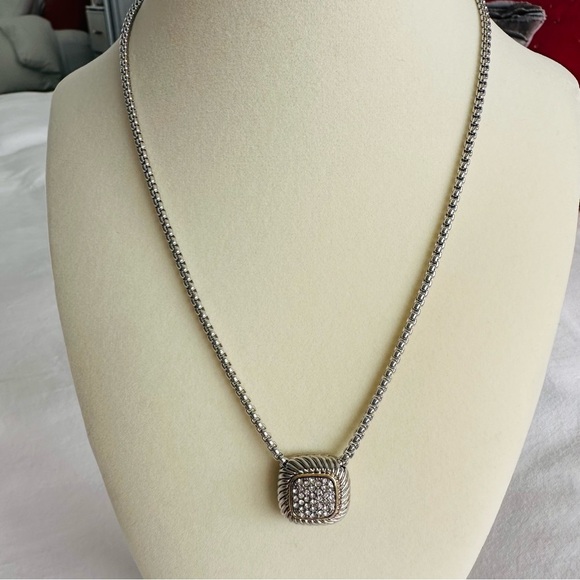 Pave CZ Diamond Pendant Silver Box Chain Necklace - Picture 3 of 11